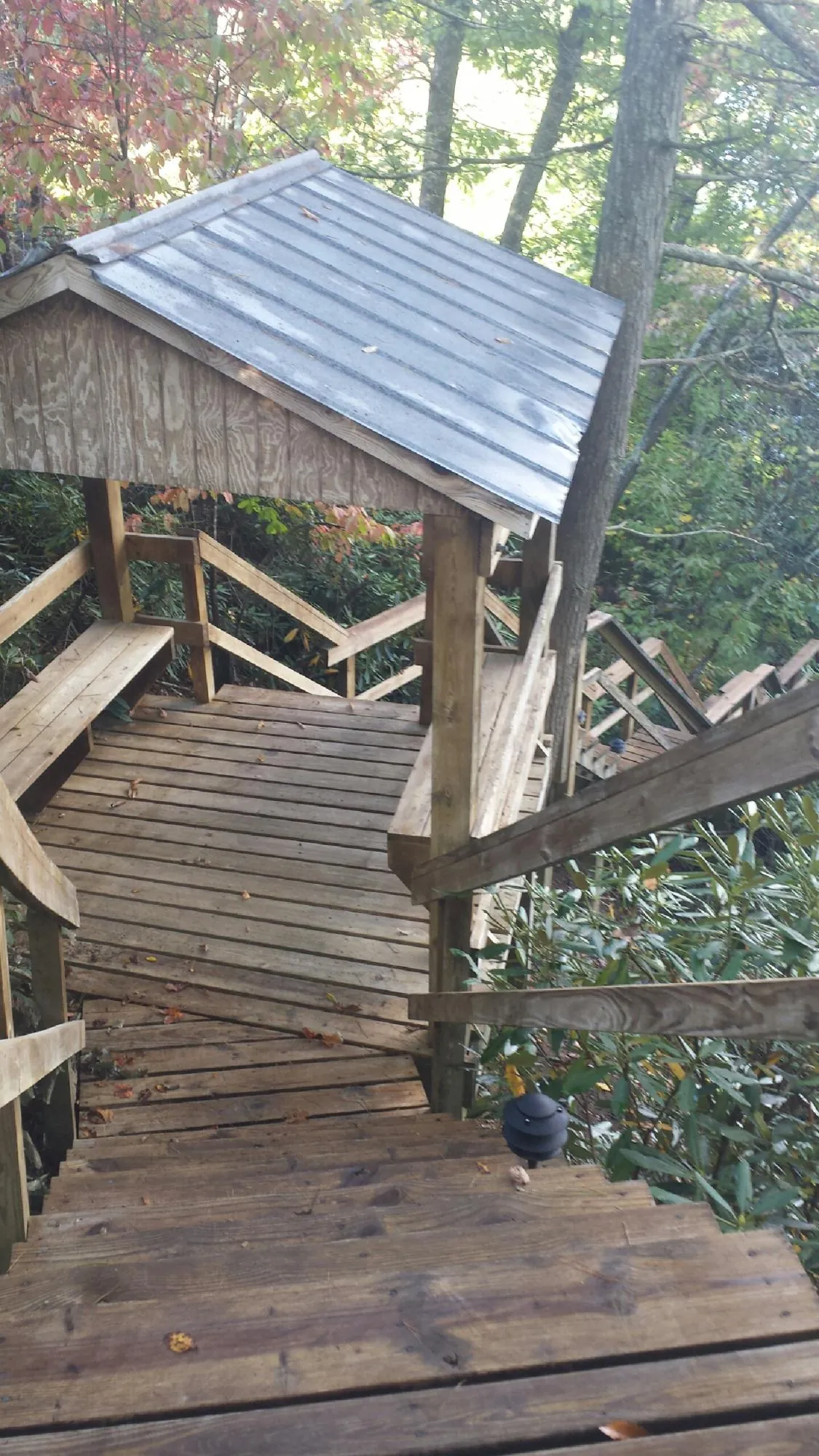 Metal roofed shelter over wooden steps on a wooded walkway — Skylight Repair & Installation work by our crew in Bessie